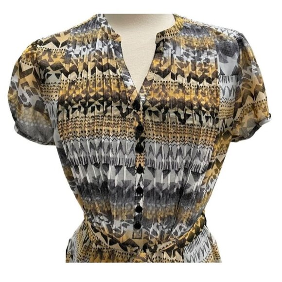 Robert Louis Womens Mustard & Ivory Geometric Print Button-Front Midi Dress With - Picture 3 of 9